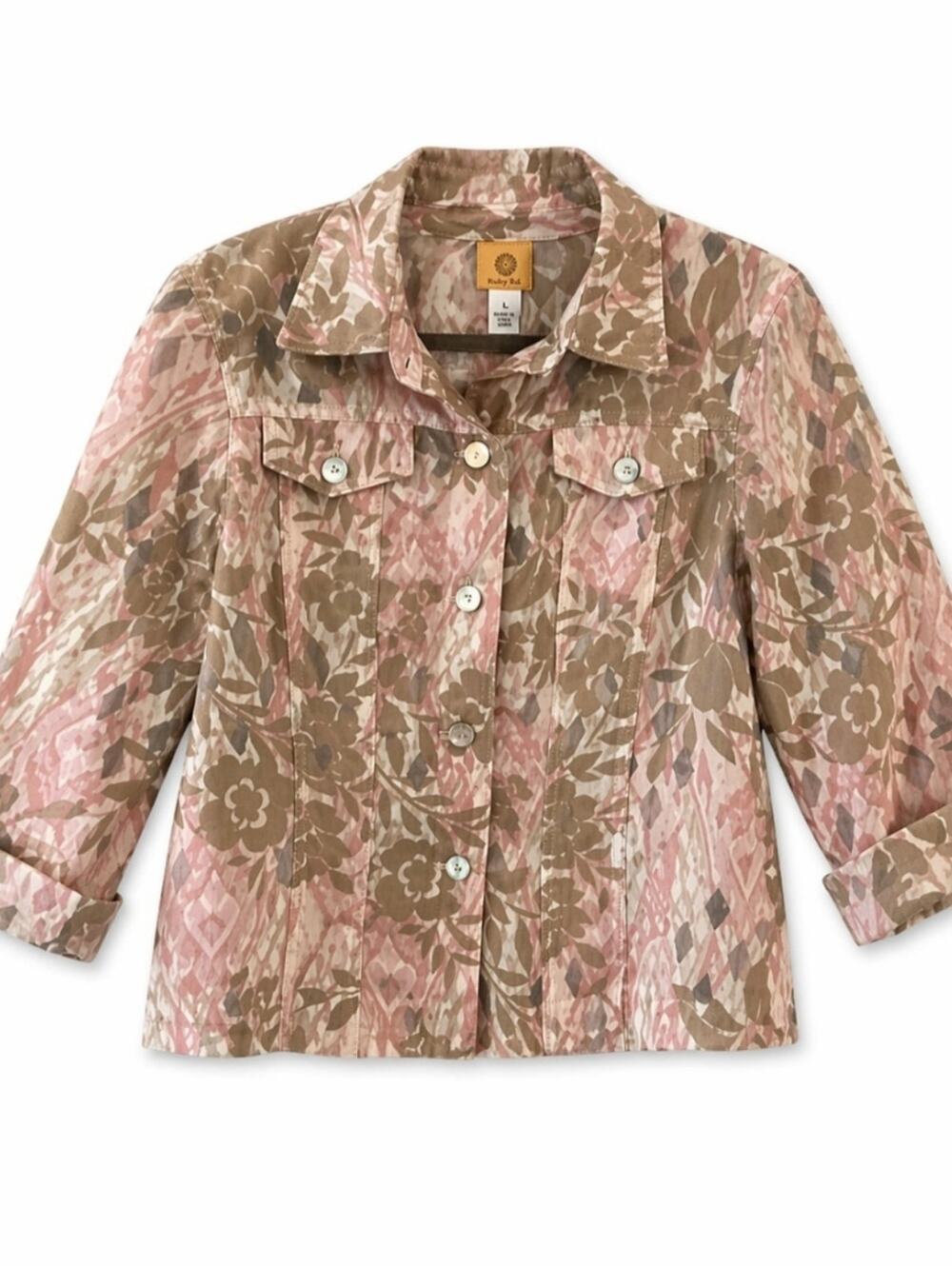 Ruby Rd. Sheer Floral Button-Down Jacket, Womens 12, Pink & Tan, Coastal